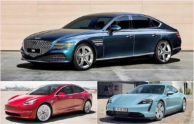 제네시스는 제이디파워 신차품질조사에서 포르쉐를 잡았다. 제네시스는 전기차 전략을 강화해 테슬라 공략에도 나섰다. [사진 출처=제네시스, 포르쉐, 테슬라]