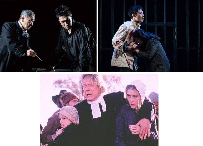 연극 ‘시련’의 장면들과 영화 ‘크루서블’ 스틸컷(아래). [국립극단 제공, 이십세기 폭스 코리아 제공]