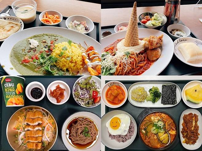 사진 위쪽부터 하이브 엔터테인먼트의 구내식당 메뉴, GS그룹 구내식당 메뉴./사진=인스타 hy_cafeteria, mingi0000 캡처