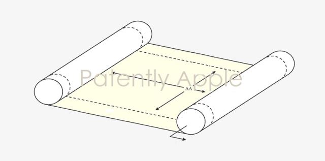 애플이 최근 출원한 롤러블 관련 신규 특허. 양 옆의 롤러를 중심으로 디스플레이가 펼쳐지는 형식이다. 패턴틀리 애플 제공