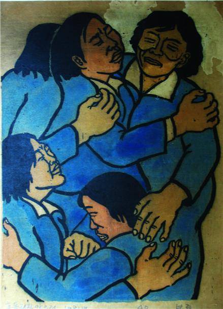 ▲<흔들리지 않으리> 1981년 김봉준 작,, '77년 동일장직여공 똥물투척으로 노조대의원선거 방해사건을 판화로 만든 것. ⓒ김봉준