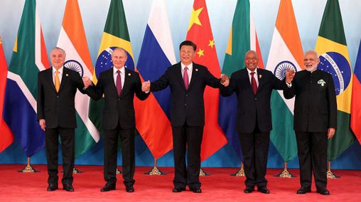 지난 2017년 중국 샤먼에서 열린 브릭스 정상회의에 참석한 5개국 정상들 /유진투자증권 제공