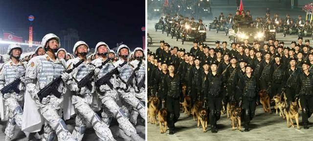 1월 당 대회 기념 열병식에서 설상복을 입은 북한 특수부대 병력이 행진하고 있다(왼쪽). 9일 새벽 열병식에서 탐지견을 동반한 특별수색 종대가 행진하고 있다. 평양=노동신문 뉴스1