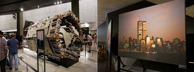 9•11 테러로 붕괴된 구 세계무역센터 건물의 잔해(왼쪽). 오른쪽은 9•11 테러 이전의 세계무역센터 쌍둥이 빌딩 모습. /사진=송경은 기자