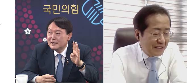 국민의힘 대선 경선 주자 윤석열 전 검찰총장(왼쪽)과 홍준표 의원이 12일 '올데이라방'에 참석한 모습./유튜브 채널 '오른소리'