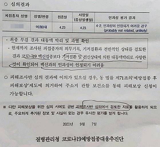 질병관리청이 조씨 유족에게 보낸 백신 인과성 심의 결과. 연합뉴스