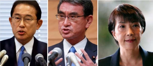 일본 차기 총리 주자 3명. 왼쪽부터 기시다 후미오 전 자민당 정무조사회장, 고노 다로 행정개혁 담당상, 다카이치 사나에 전 총무상. 연합뉴스