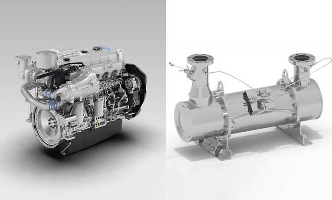 현대두산인프라코어가 출시한 전자식 선박엔진 DX12(왼쪽)와 유해물질 배출 차단 기술이 적용된 SCR 머플러의 모습. <사진제공=현대두산인프라코어>