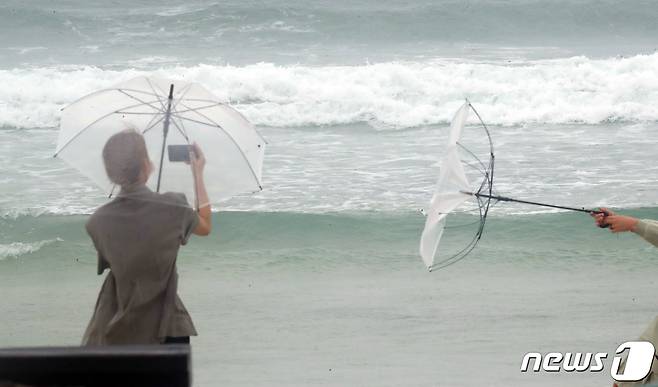 제14호 태풍 '찬투(CHANTHU)'가 북상 중인 13일 오전 제주시 월정해수욕장에서 관광객이 든 우산이 강풍에 뒤집히고 있다. 현재 제주도 남쪽 먼 바다에는 태풍주의보가 발효됐으며 제주도 산지에는 강풍주의보, 제주도 산지와 동·남부에는 호우주의보, 제주도 동·서·남부 앞바다에는 풍랑주의보가 각각 발효 중이다. 2021.9.13/뉴스1 © News1 오현지 기자