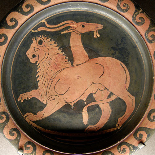 고대 지중해 지역 그릇에 그려진 그리스 신화의 괴물 ‘키메라’. 기원전 350∼340년, 프랑스 루브르 박물관 소장. 사진 출처 위키피디아