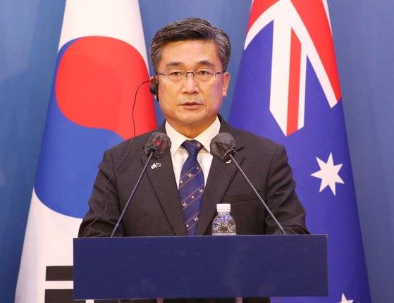 한-호주 외교·국방 장관회의 직후 공동 기자회견에서 발언하는 서울 국방장관. [뉴스1]