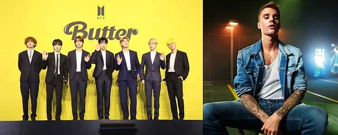 ▲ 방탄소년단(왼쪽), 저스틴 비버. 제공ㅣ빅히트 뮤직, 유니버셜뮤직