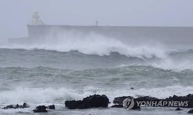 태풍 북상에 거세지는 파도 (서귀포=연합뉴스) 박지호 기자 = 13일 낮 12시를 기해 제주도 남쪽 바깥 먼바다에 태풍주의보가 내려진 가운데 이날 오전 서귀포시 법환 앞바다에 파도가 점차 거세지고 있다. 2021.9.13 jihopark@yna.co.kr