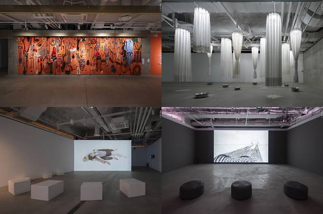 [수원=뉴시스] 김희라 '옷,' 정문경 '창백한 유령', 조영주 '입술 위의 깃털', 김승희 '호랑이와 소'(상단 좌측부터 우측 순으로). 2021.9.14. (사진=수원시립미술관 제공) *재판매 및 DB 금지