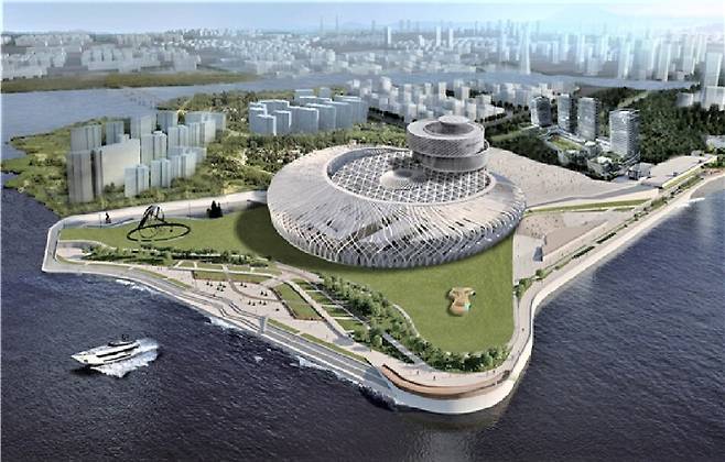 경남 창원시가 마산해양신도시 예정지에 유치하려는 ‘국립현대미술관 창원관’의 조감도.