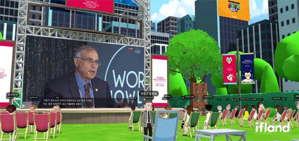 SK텔레콤 메타버스 플랫폼 `이프랜드(ifland)`에서 세계지식포럼 유료 강연이 펼쳐졌다. 개성을 살린 아바타로 참석한 대학생들은 가상공간에서 글로벌 연사의 강연을 들으며 즐거워했다. 15일 서울 장충아레나에서 진행된 로버트 주브린 화성학회 회장의 강연이 `세지포 스물스물 캠퍼스 콜라보 맵`에서 생중계되고 있다.  [사진 출처 = 화면 캡처]