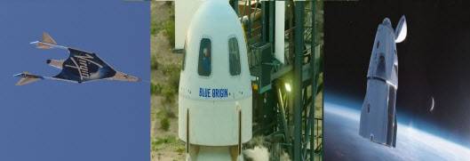 왼쪽부터 버진 갤럭틱의 유니티, 블루 오리진의 뉴 셰퍼드, 스페이스X의 크루드래건(사진=스페이스X, AFP)