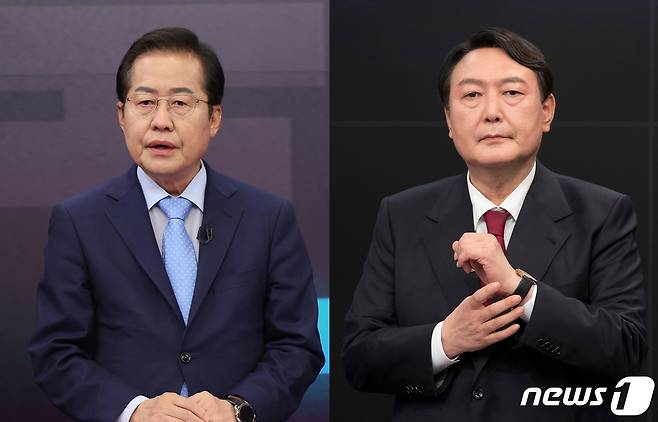 홍준표 국민의힘 대선 경선 후보(왼쪽)와 윤석열 후보가 16일 오후 서울 중구 TV조선 스튜디오에서 열린 제20대 대통령선거 경선 후보자 1차 방송토론회를 준비하고 있다. 2021.9.16/뉴스1 © News1 국회사진취재단