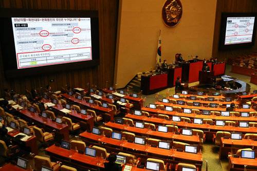 국민의힘 윤창현 의원이 15일 국회 본회의장에서 열린 경제분야 대정부질문에서 김부겸 국무총리에게 경기도 성남시 대장동 개발에서 특혜를 받았다는 의혹을 받는 자산관리회사 ‘화천대유’에 대해 질문하고 있다. 사진공동취재단/안철민 기자