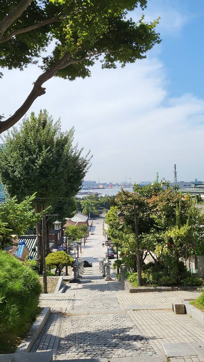 View from the top of Cheongil Settlement Boundary Stairs, also known as the Border Stairs between Chinese and Japanese Settlements (Kim Hae-yeon/ The Korea Herald)