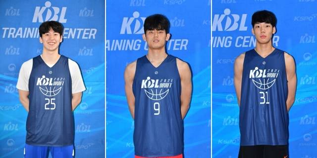 지난 7일 서울 강남구 KBL 센터에서 2021 KBL 신인 선수 드래프트 컴바인에 참석한 이정현 하윤기 이원석(왼쪽부터). 한국농구연맹 제공