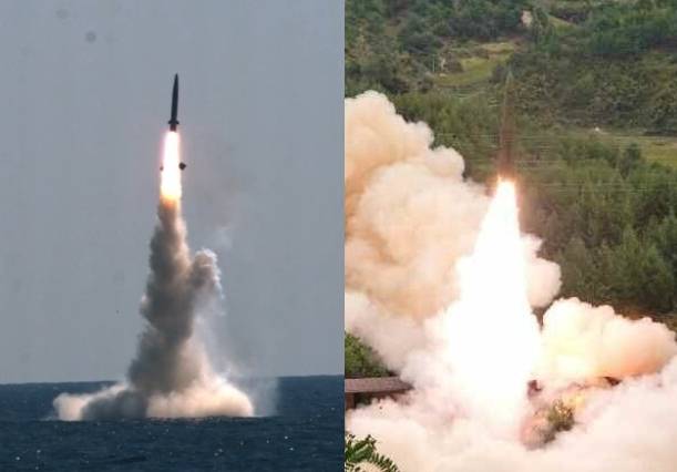 15일 도산안창호함에 탑재돼 수중에서 발사되는 SLBM 발사 모습(왼쪽 사진)과 북한이 15일 철도기동미사일연대 검열사격 훈련을 진행했다고 노동당 기관지 16일 노동신문이 보도한 사진.