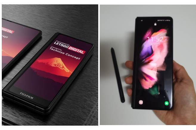후지필름 폴더블폰 예상 이미지(왼쪽)과 삼성전자 갤럭시Z 폴드3(오른쪽) [렛츠고디지털(LETSGODIGITAL)]