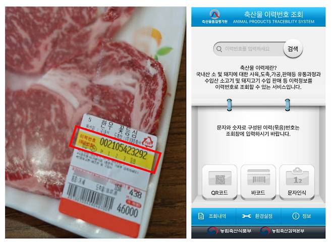 ▲한우고기 개체식별번호(왼쪽 사진 빨간 테두리)와 ‘축산물이력제’ 앱 이용 화면.(사진=국립농산물품질관리원)
