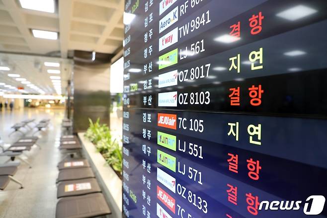 제14호 태풍 '찬투(CHANTHU)'의 영향으로 17일 오전 제주국제공항을 오가는 항공기 운항에 일부 차질을 빚고 있다. 제주국제공항 항공정보안내판에 항공기 운항 지연과 결항 정보가 표시되고 있다. 2021.9.17/뉴스1 © News1 홍수영 기자