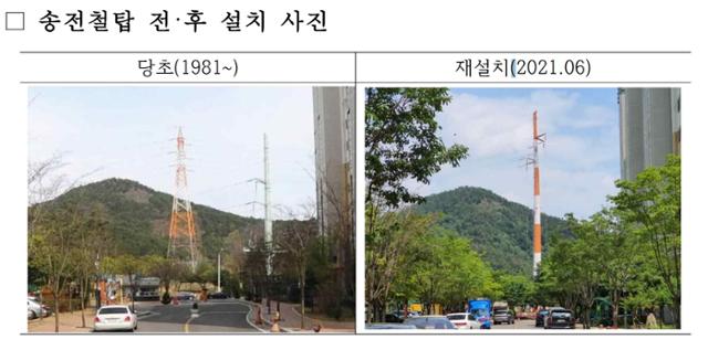 한국전력공사가 달성군에 설치한 송전탑 전후 사진. 한국전력공사 제공.