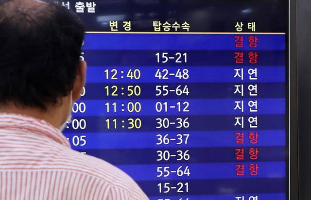 제14호 태풍 찬투(CHANTHU)의 영향으로 17일 오전 제주국제공항을 오가는 항공기 운항에 일부 차질을 빚고 있다. 뉴스1