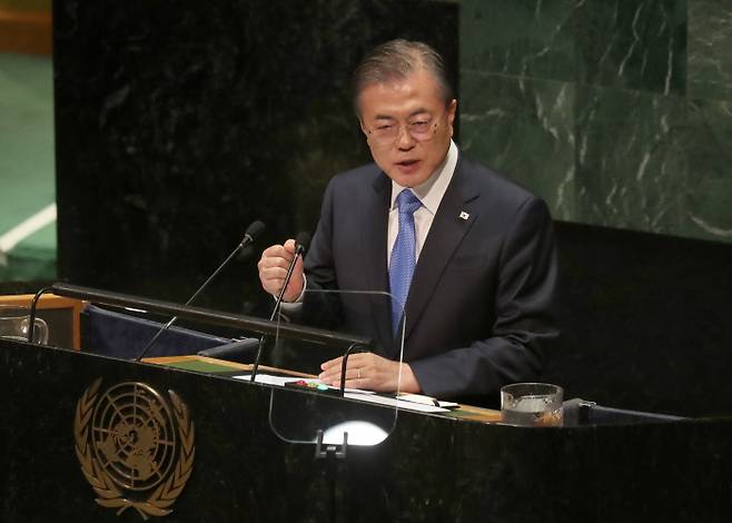 문재인 대통령이 2019년 9월24일 오후(현지시간) 뉴욕 유엔 총회장에서 기조연설을 하고 있다. 청와대사진기자단