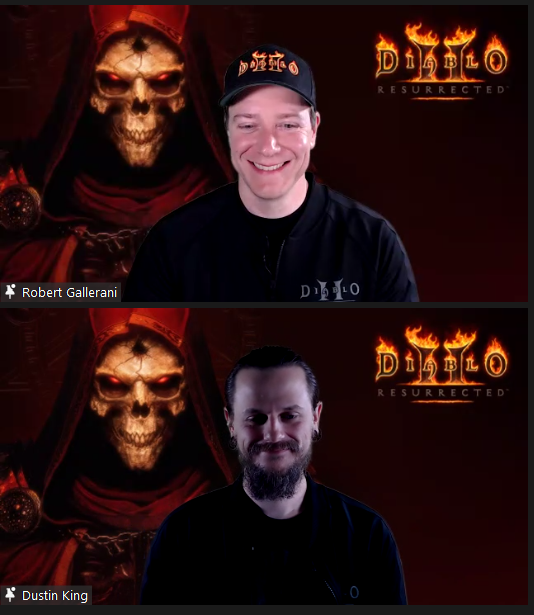 롭 갈레라니(위) 디아블로2: 레저렉션 디자인 총괄 디렉터와 더스틴 킹 디아블로2: 레저렉션 어소시에이트 아트 디렉터.&nbsp; &nbsp;사진=줌 화면 캡처