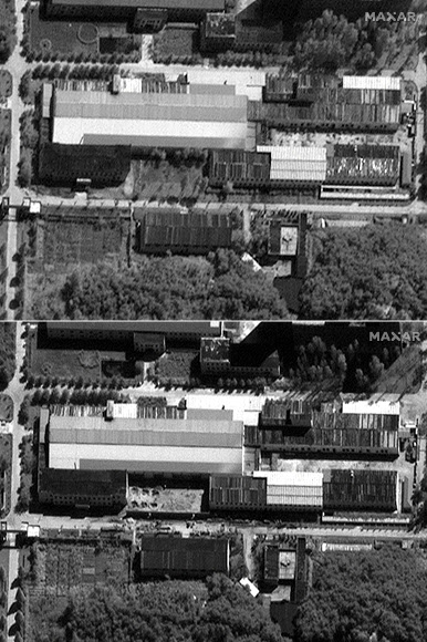 북한 영변 우라늄 농축시설 확장 정황 - 북한 영변 우라늄 농축시설을 촬영한 위성사진. 지난달 3일 촬영분(왼쪽 사진)에는 빈 공간에 나무가 심어져 있었으나, 지난 1일에는 나무가 모두 뽑히고 땅이 골라진 자리에 굴착기가 보인다. 전문가들은 북한이 핵시설 규모를 확장 중인 것으로 분석했다.맥사테크놀로지 제공, AFP연합뉴스