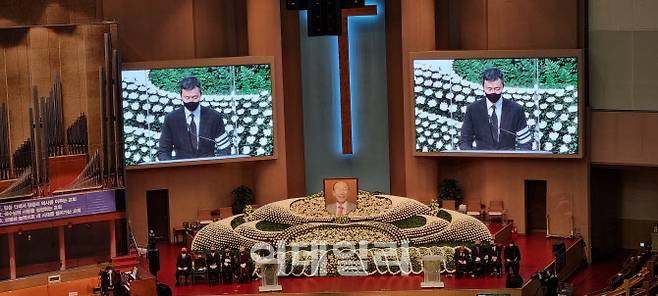 여의도순복음교회 대성전에서 고(故) 조용기 목사의 천국환송예배가 한국교회장으로 치러지고 있다(사진=한교총)