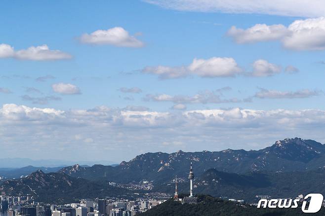 추석 연휴를 하루 앞둔 17일 오후 경찰청 귀성길 점검 헬기에서 바라본 서울 도심 위로 파란 하늘이 펼쳐져 있다. (항공촬영 협조 : 서울지방경찰청 항공대 문흥주 경감, 심동국 경위) 2021.9.17/뉴스1 © News1 성동훈 기자