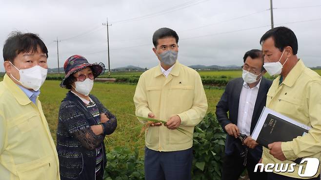 전북 김제시 광활면 옥포리 현장에서 농해수위 소속 이원택 국회의원(김제·부안)이 농민으로부터 벼 병충해 피해에 대한 고충을 듣고 있다.© 뉴스1