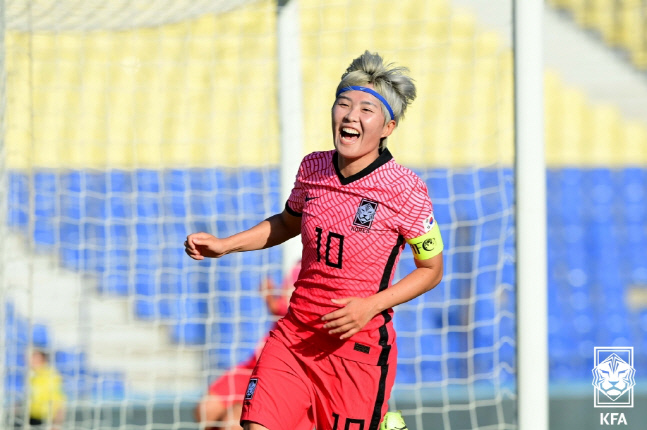 지소연이 17일 여자 아시안컵 예선 몽골전에서 득점 후 기뻐하고 있다. 제공 | 대한축구협회