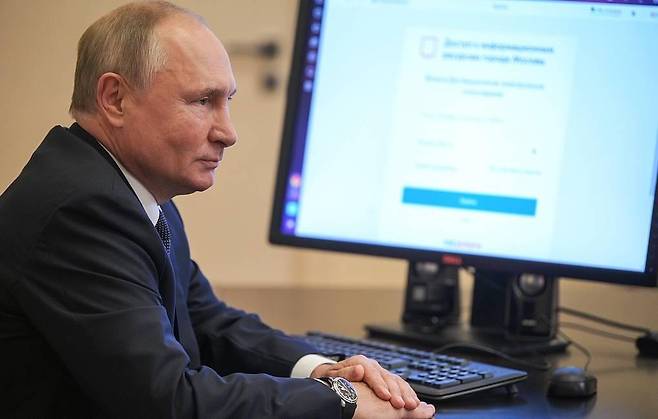 온라인 투표하는 푸틴 대통령  [타스=연합뉴스]