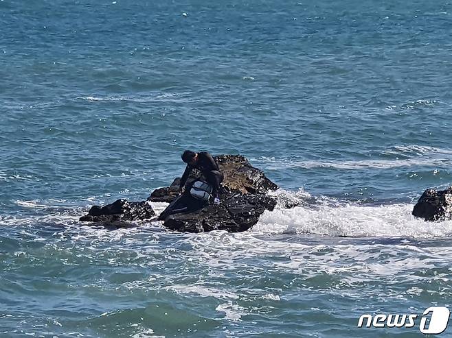19일 오후 1시 10분께 동구 주전해변 캠핑장 30미터 해상에서 B씨(39)가 높은 파도에 표류중 갯바위에서 구조를 기다리고 있다(울산해양경찰서 제공). © 뉴스1