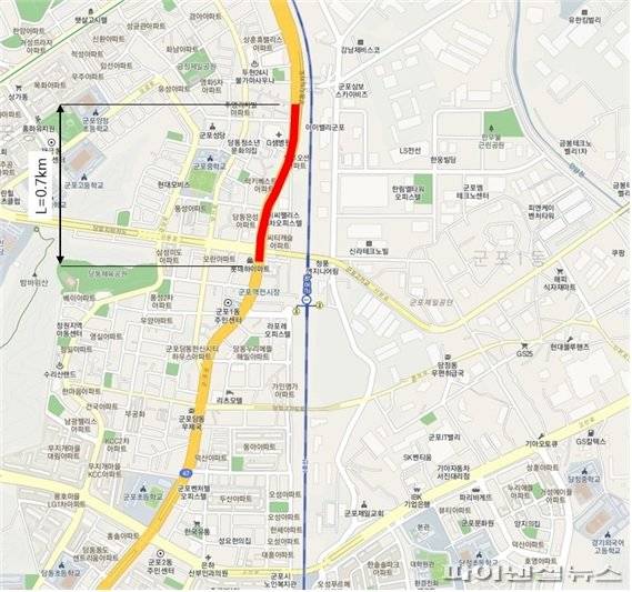 붉은색 표시가 한전주 지중화 1단계 구간(당동 지하차도~우리은행 사거리). 사진제공=군포시