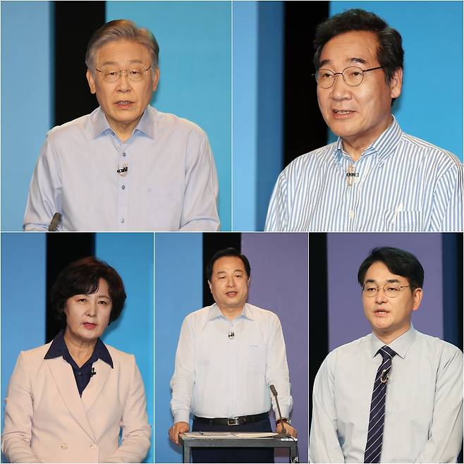 19일 오후 광주 남구 광주MBC 공개홀에서 더불어민주당 대선 예비후보들이 토론회를 열었다. 사진은 상단 왼쪽부터 시계 방향으로 이재명·이낙연·박용진·김두관·추미애 후보. 연합뉴스