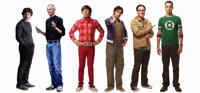 천재와 괴짜2: 왼쪽부터 너드룩과 놈코어룩을 한번에 보여준 구글 창업자 세르게이 브린과 애플 창업자 스티브 잡스. 너드룩의 정석을 보여주는 미국 CBS 드라마 '빅뱅이론' 주인공들. 모두들 단순하면서도 촌스러운 운동화 패션을 보여주고 있다.