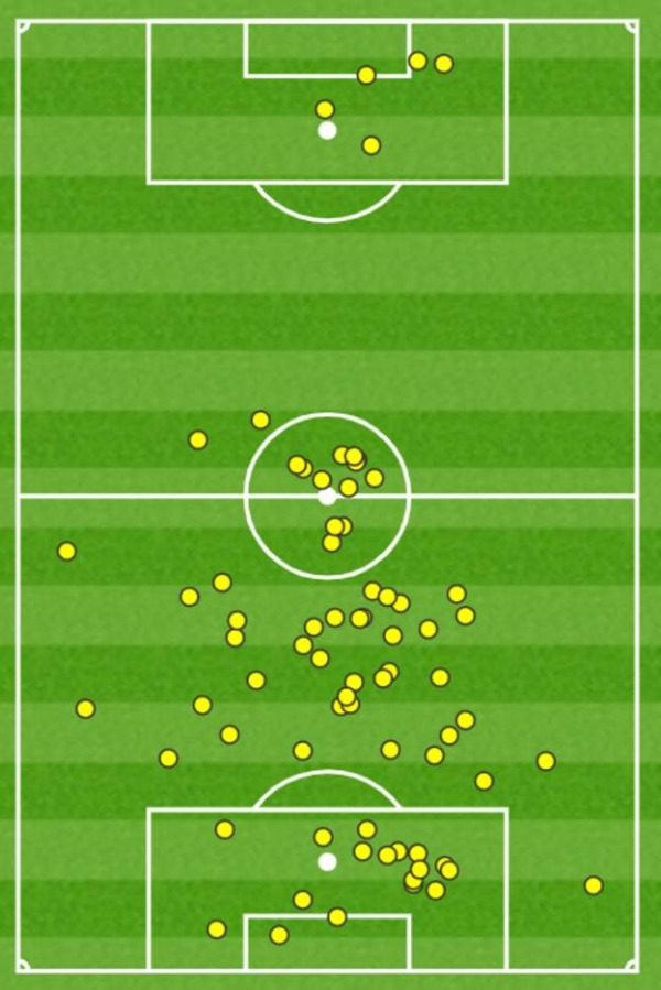 실바의 토트넘전 터치맵. 하프라인 주변에도 가득한 그의 터치 흔적을 볼 수 있다. 사진｜BBC/옵타