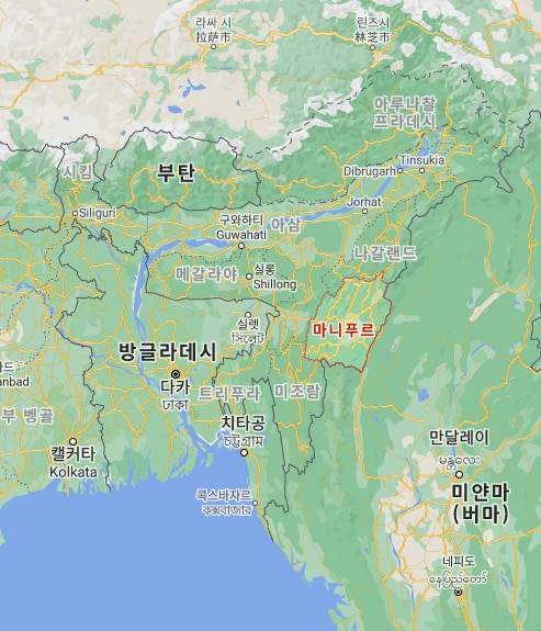역사 속으로 사라진 '므낫세 지파'의 후손이라고 주장하는  유대인들이 주로 사는 인도 북동부의 마니프루-미조람 주와 미얀마의 친 주 접경 지역. /구글 지도