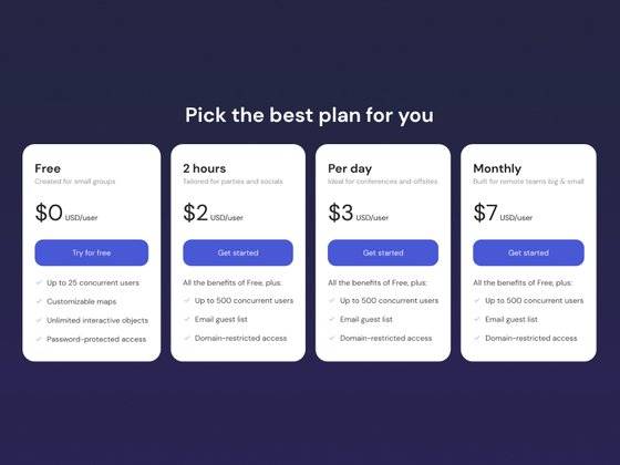 네 가지 요금제. 25명까지는 무료로 사용할 수 있다. [사진 김종훈, 개더타운 캡처]