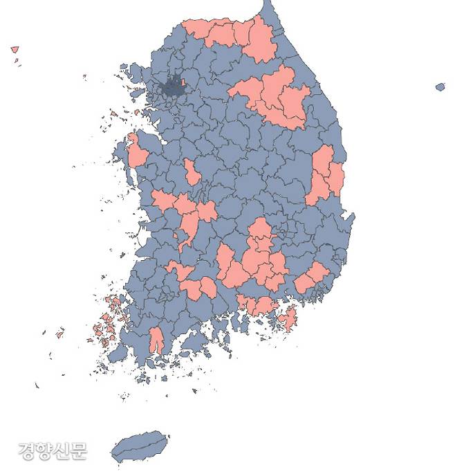 광역시도별 노인복지관 미설치 지자체(붉은색 표시). 나라살림연구소