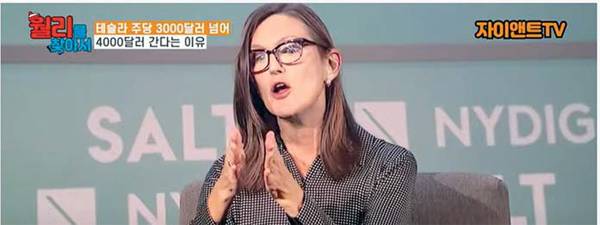 캐시 우드 아크인베스트 최고경영자(CEO)가 솔트(SALT) 콘퍼런스에서 발언하고 있다. 뉴욕에서 촬영된 캐시 우드 CEO 영상은 지난 18일 `자이앤트TV`에 업로드됐다.  [사진 출처 = 유튜브 캡처]
