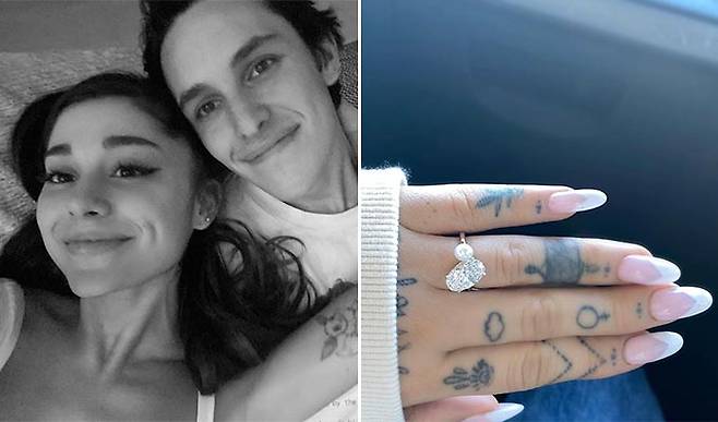 팝 가수 아리아나 그란데와 그의 남편 달튼 고메즈(왼쪽), 아리아나 그란데의 약혼 반지(오른쪽)/사진=아리아나 그란데 인스타그램