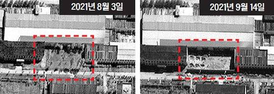 제임스 마틴 비확산센터의 제프리 루이스 국장이 16일(현지시간) 공개한 북한 영변 우라늄 농축 시설 위성사진. 비교 결과 지난달 3일엔 공터에 나무만 몇 그루 심겨 있었지만(붉은 점선) 지난 14일엔 나무가 제거되고 외벽이 설치된 것으로 확인돼 북한이 농축시설을 확장하고 있다는 분석이다. [AFP=연합뉴스]